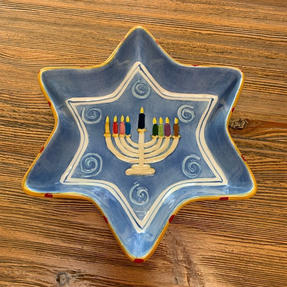 Star-Shaped Menorah Decorative Candy or Display Dish  - Blue and Gold